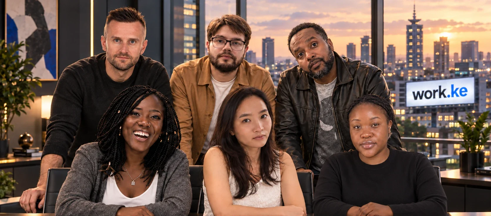 The work.ke team: Oleg Cherkas, Dzmitry Zgolich and Victor Kimotho standing, Michelle Masiga, Thu Thuy Do and Nerea Isit seated
