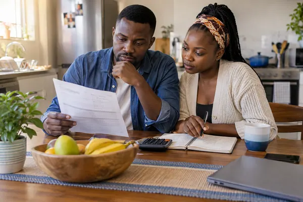 Two people comparing earnings and household costs