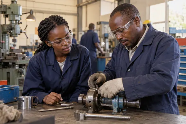 Student learning alongside a workshop technician