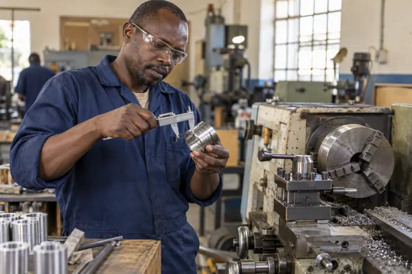 Experienced machinist inspecting a finished part