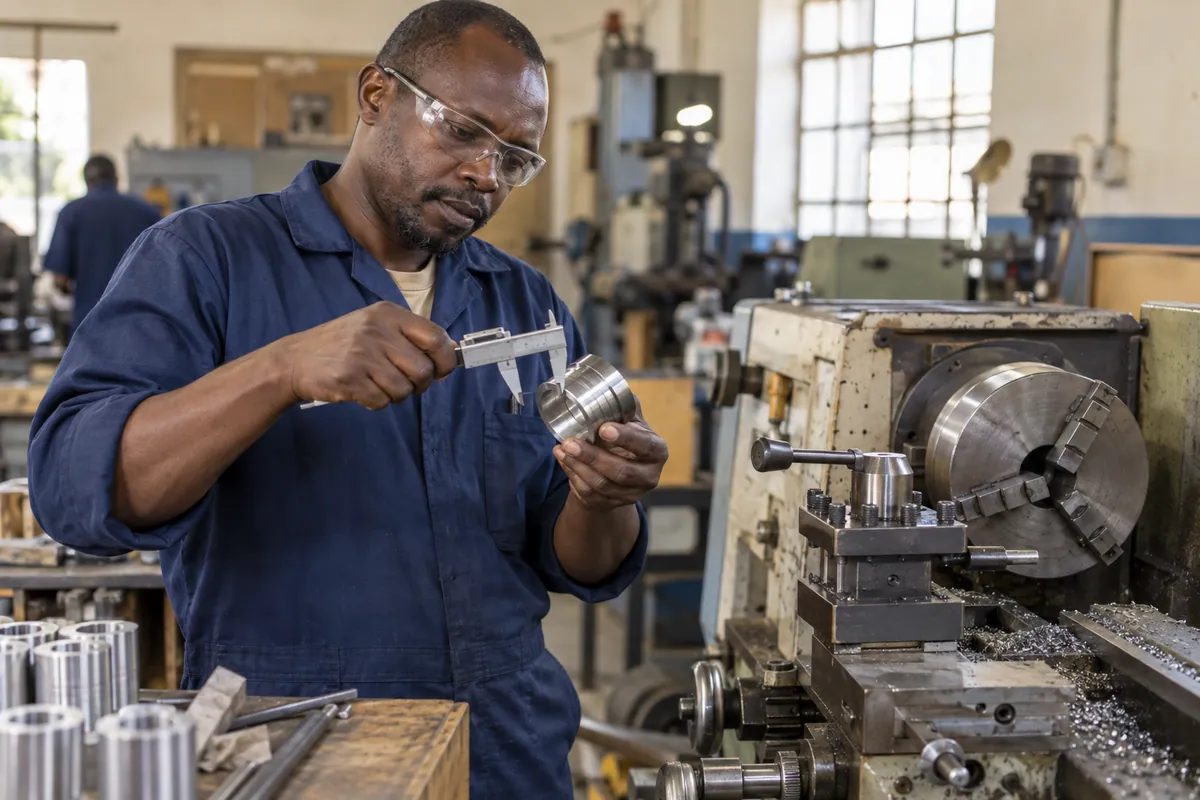 Experienced machinist inspecting a finished part