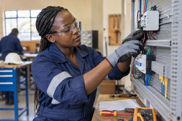 Electrician working on an isolated training panel