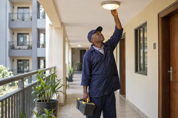 Building caretaker inspecting a corridor