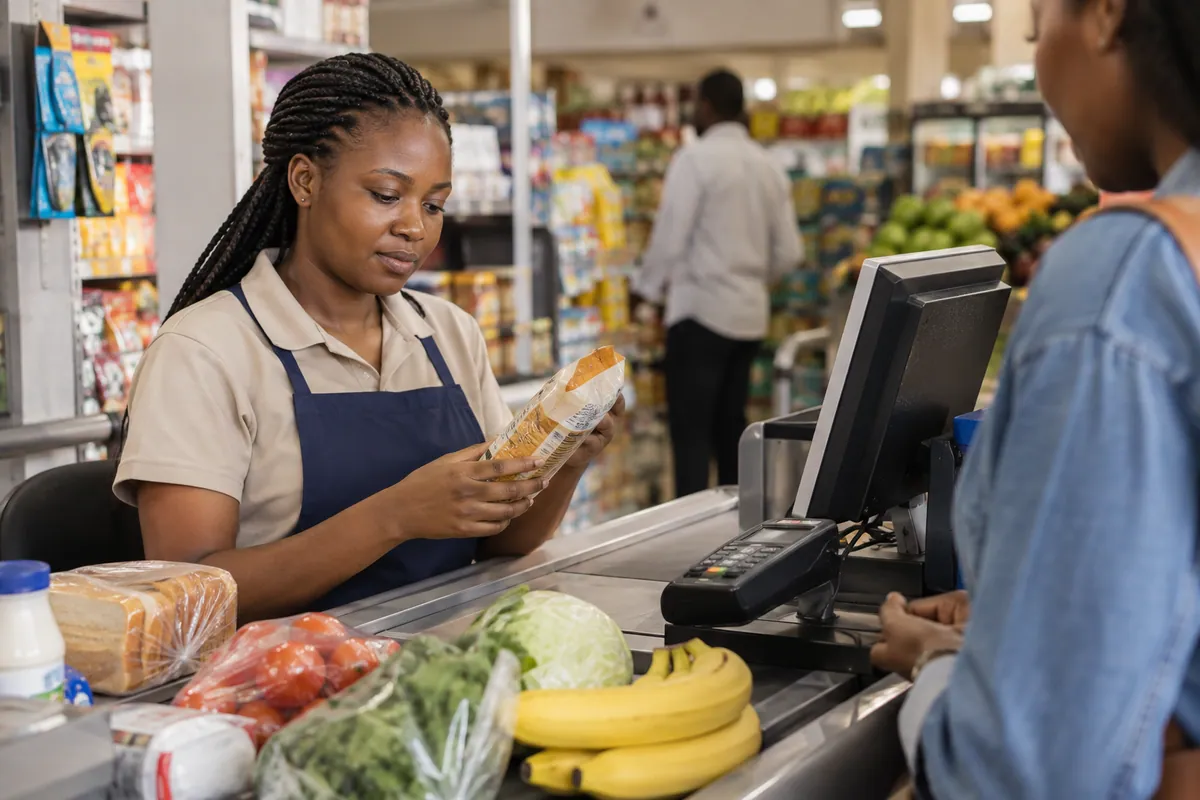 Cashier processing a grocery purchase