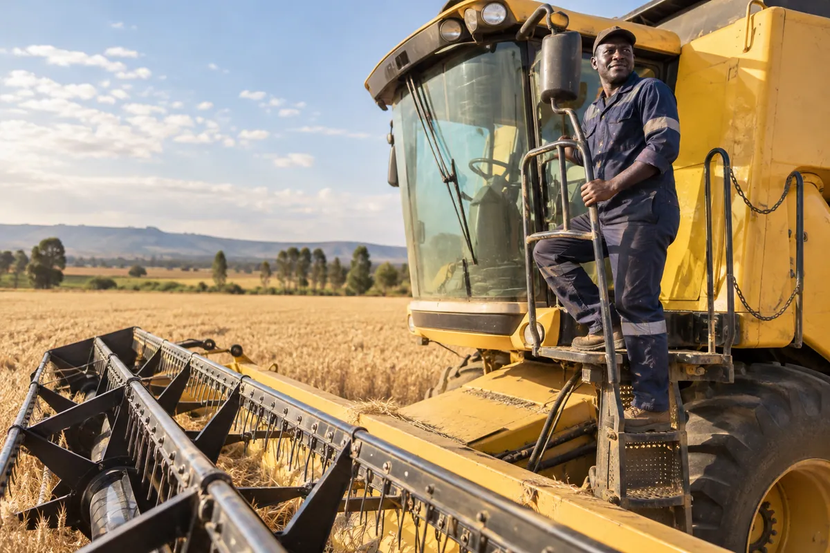 Combine harvester operator beside the cab