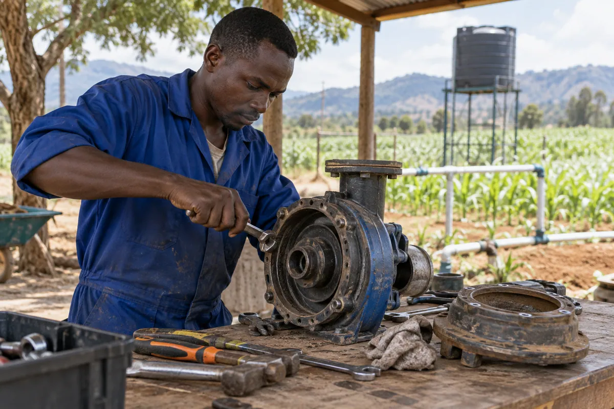 Farm artisan repairing an irrigation pump