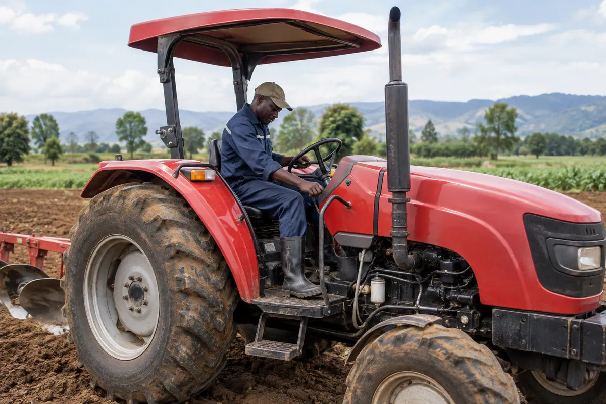 Tractor driver checking the controls