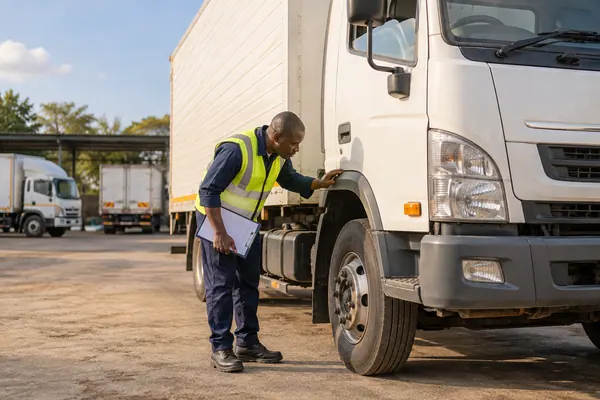 Driver inspecting a medium delivery truck