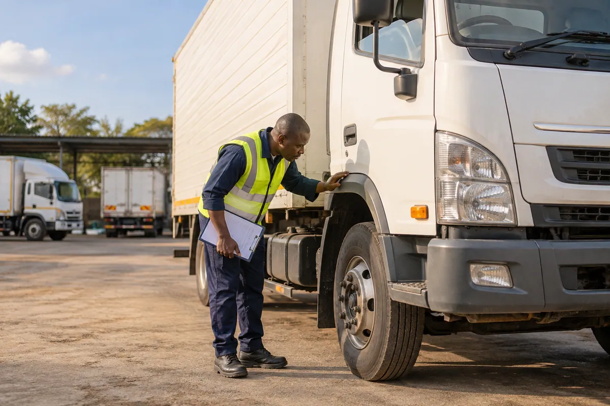 Driver inspecting a medium delivery truck