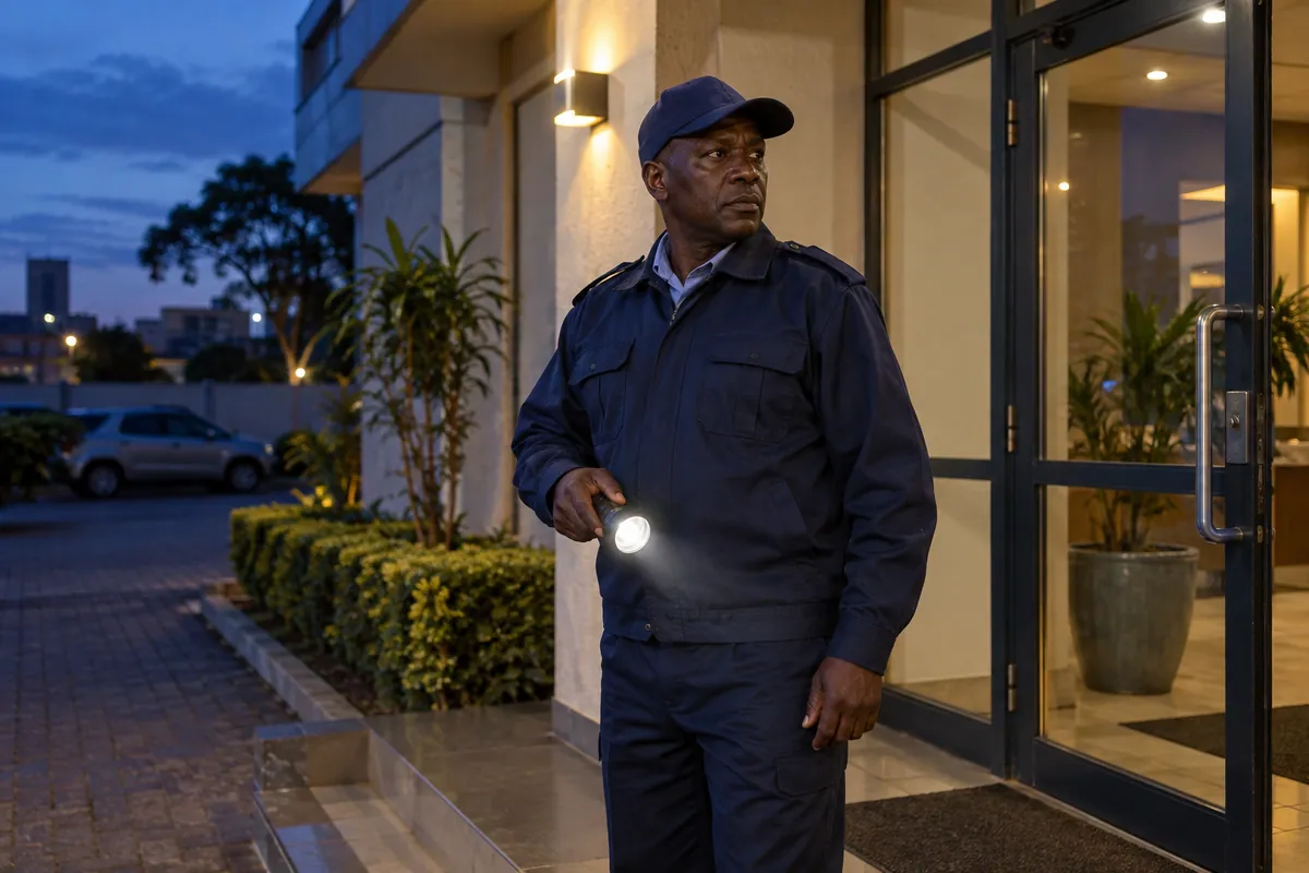 Night watchman at a building entrance
