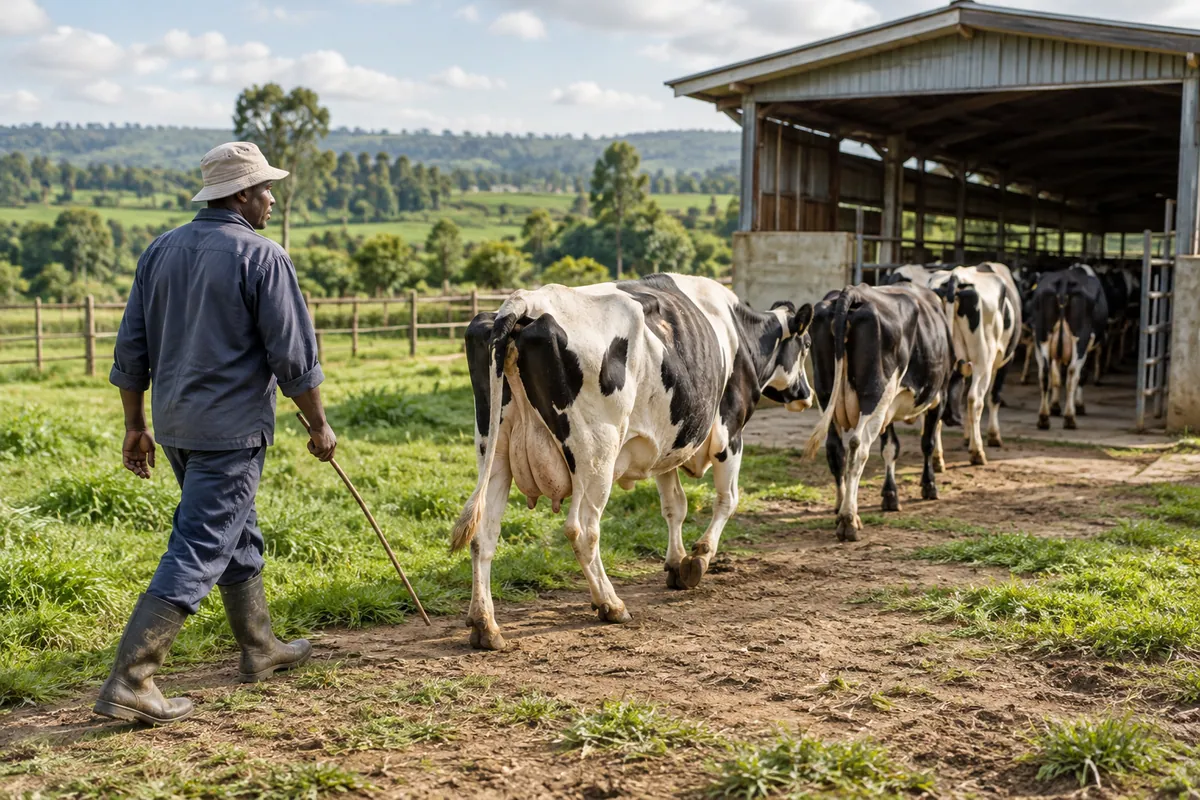 Herdsman tending dairy cattle