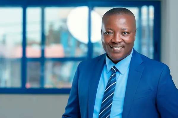 A smiling salesman in a blue suit and tie in an office