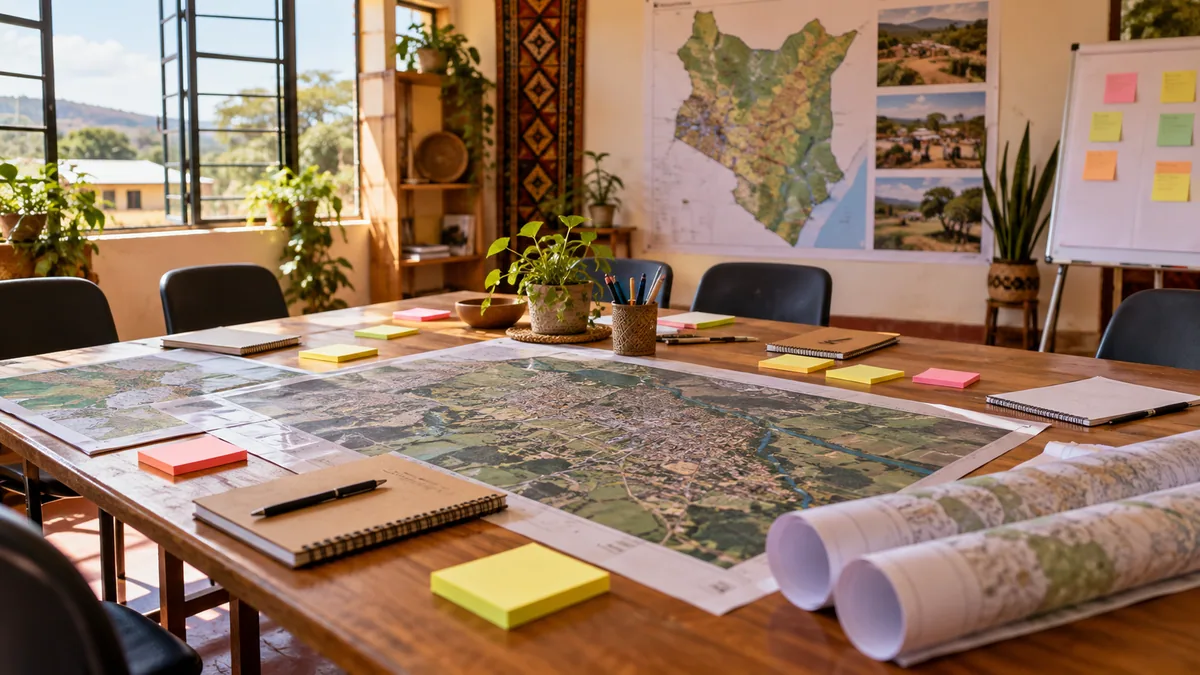 Illustration of a planning table with maps, notebooks and sticky notes.