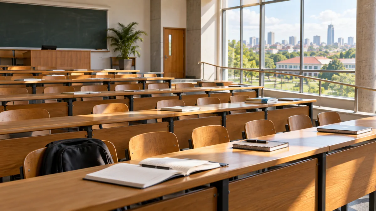 Illustration of a classroom with desks, books and a chalkboard.
