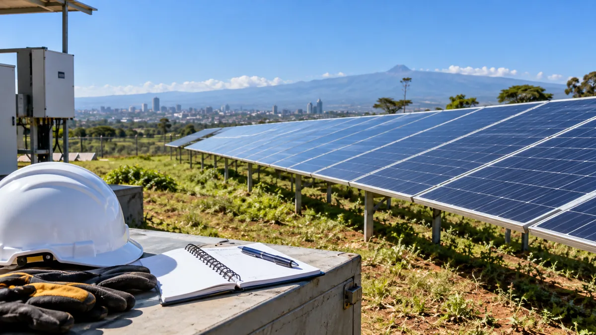 Illustration of solar panels with a safety helmet and maintenance notebook.