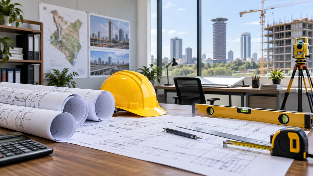 Illustration of construction plans, a hard hat and measuring tools.