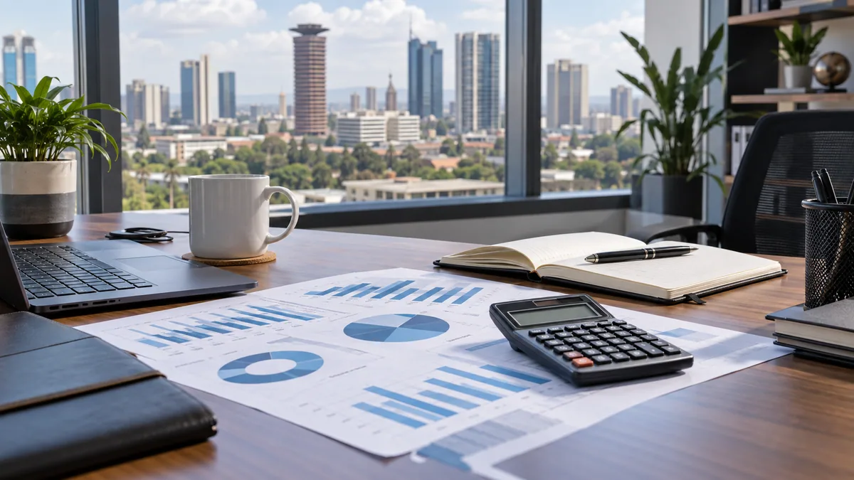 Illustration of financial charts, a calculator and a laptop on a desk.