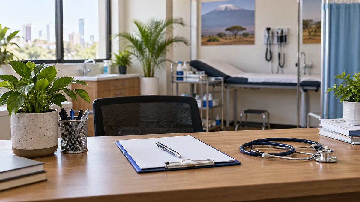 Illustration of a consultation room with an examination bed and stethoscope.