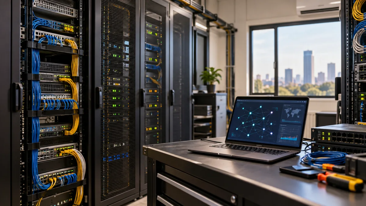 Network equipment and laptop in a technology operations room.