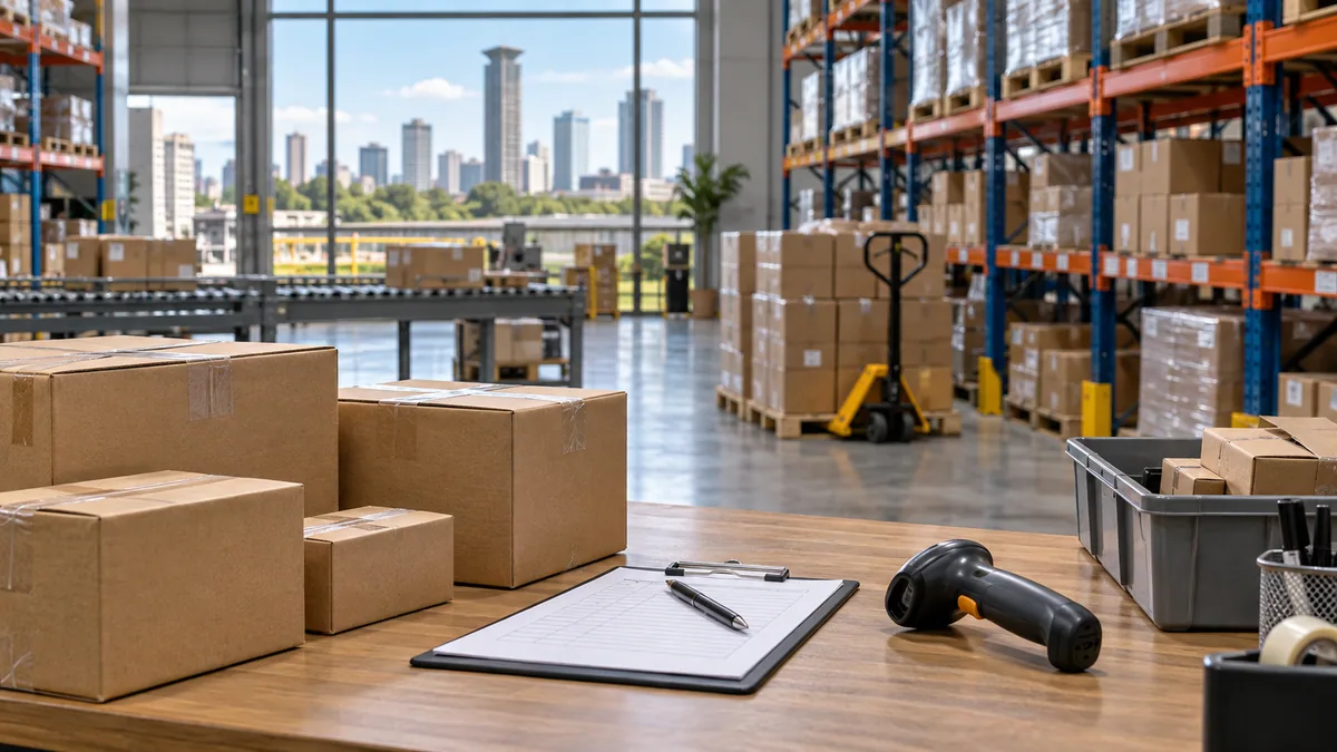 Illustration of a warehouse packing desk with boxes and a barcode scanner.