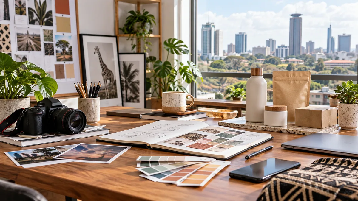 Illustration of a design desk with a camera, colour samples and packaging.